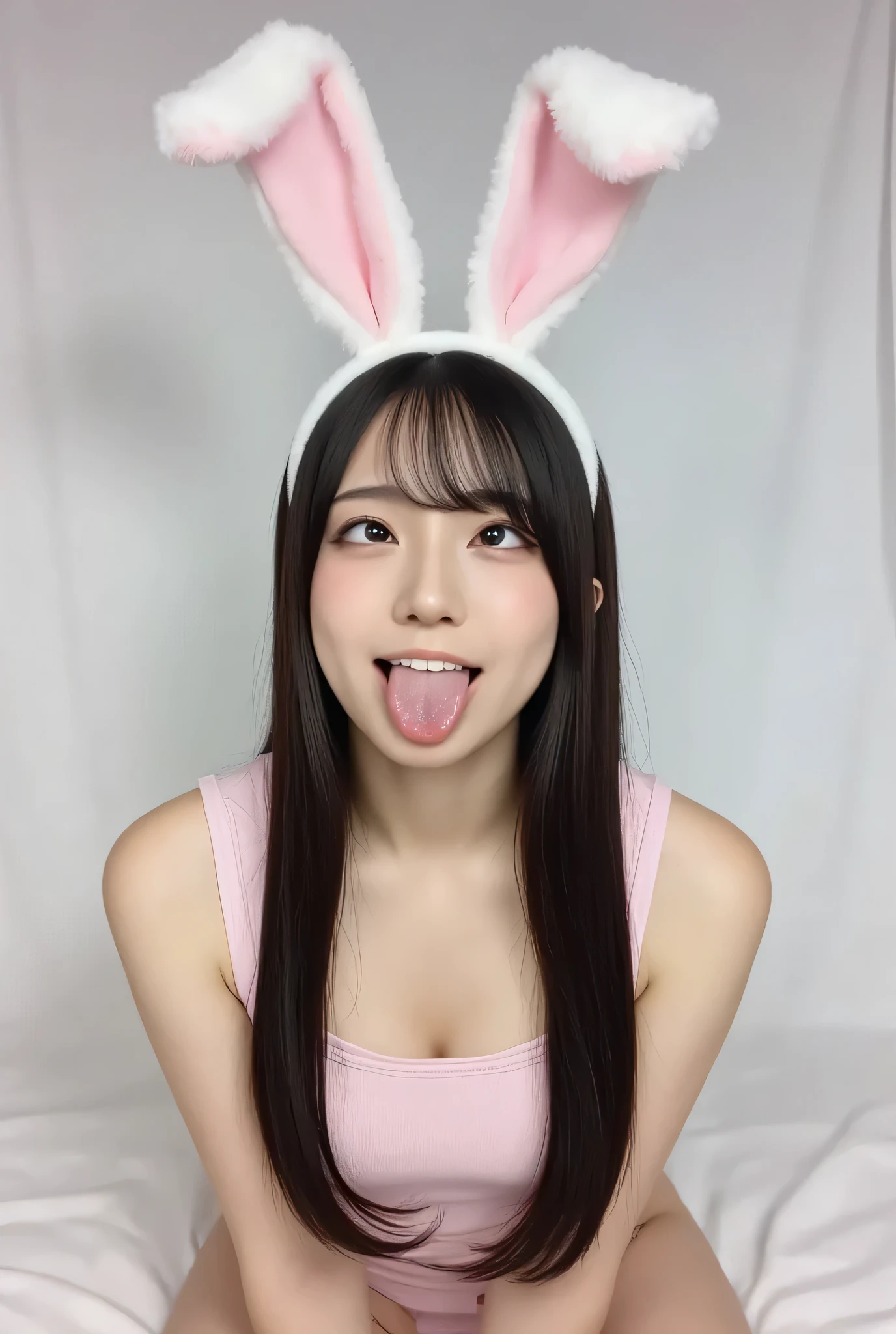  image taken from the foot according to the rules below.
semi-shiort, straight, black-haired Japanese woman, stick out your tongue, ((yogurt drips on my tongue:1.3)), smilng, facing the front, facing straight,  above bust shot, ,  face, tongue out,  ears,  costume,