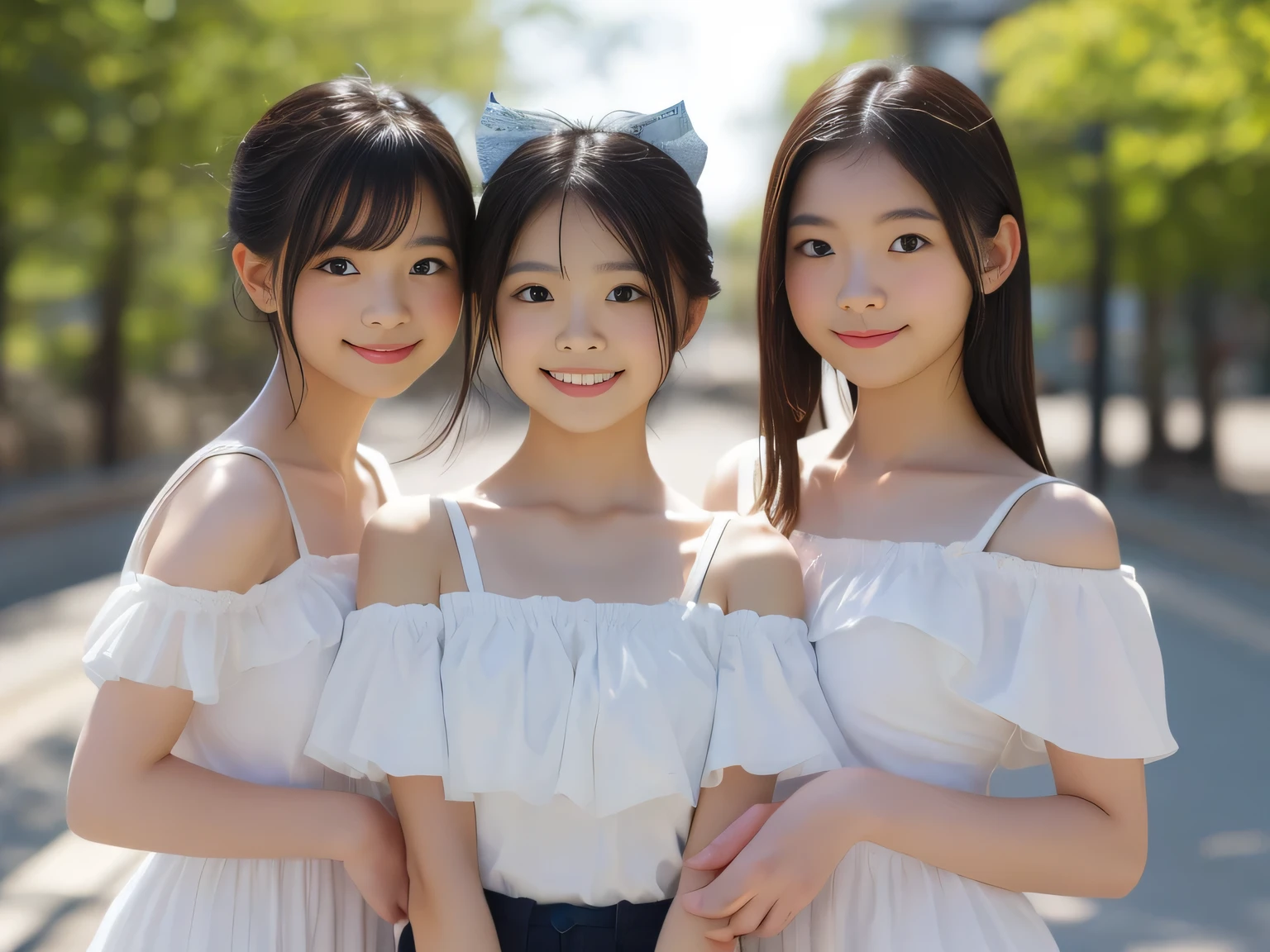 (((masterpiece))), (((cowboy shot、cute smile、Multiple Beautiful Girls)))， (beautiful Japanese girl,  innocent expression) ，(ultra high precision, realistic, very detailedな, 8k,top quality, very detailed, detailed background),(SLANDER BODY，flat chest,small breasts,とても美しいbeautiful Japanese girl、is hiding my chest、Bold Poses、dynamic pose that floats on your sleeve、lean forward), (detailed face:1.3), （Short Boyish Hair、beautiful black hair :1.4、Beautiful hair ornament), (Beautiful girl with a baby face), (perfect body:1.1)，Very detailed face、detail lips that fly to your face、very detailed目， Accurate Limbs,Junior Gravure Idol，Beautiful skin、 Beautiful skin ,realistic:1.37，no makeup，(top quality, masterpiece), (sister，elementary school student），Red cheeks、 full nude、Shining Water Surface、Some beautiful girls、光が反射しているBeautiful skin、In strong sunlight、Service、clothes with big blue bows