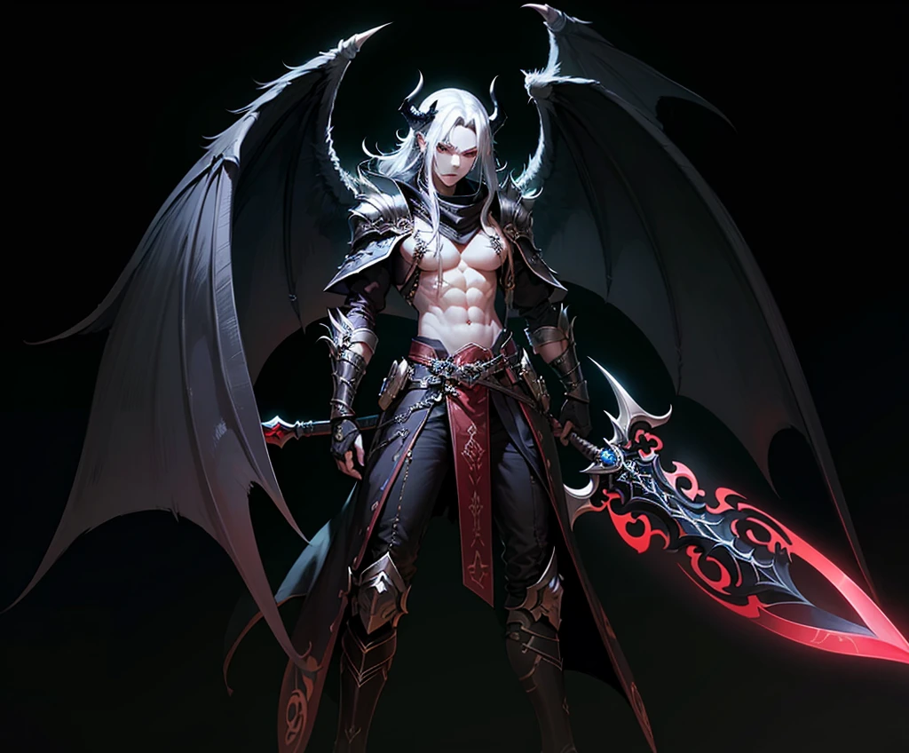 create an anime image of male demon with grey skin, slim, with black wing and black horn wielding one black sword with a good scenery background