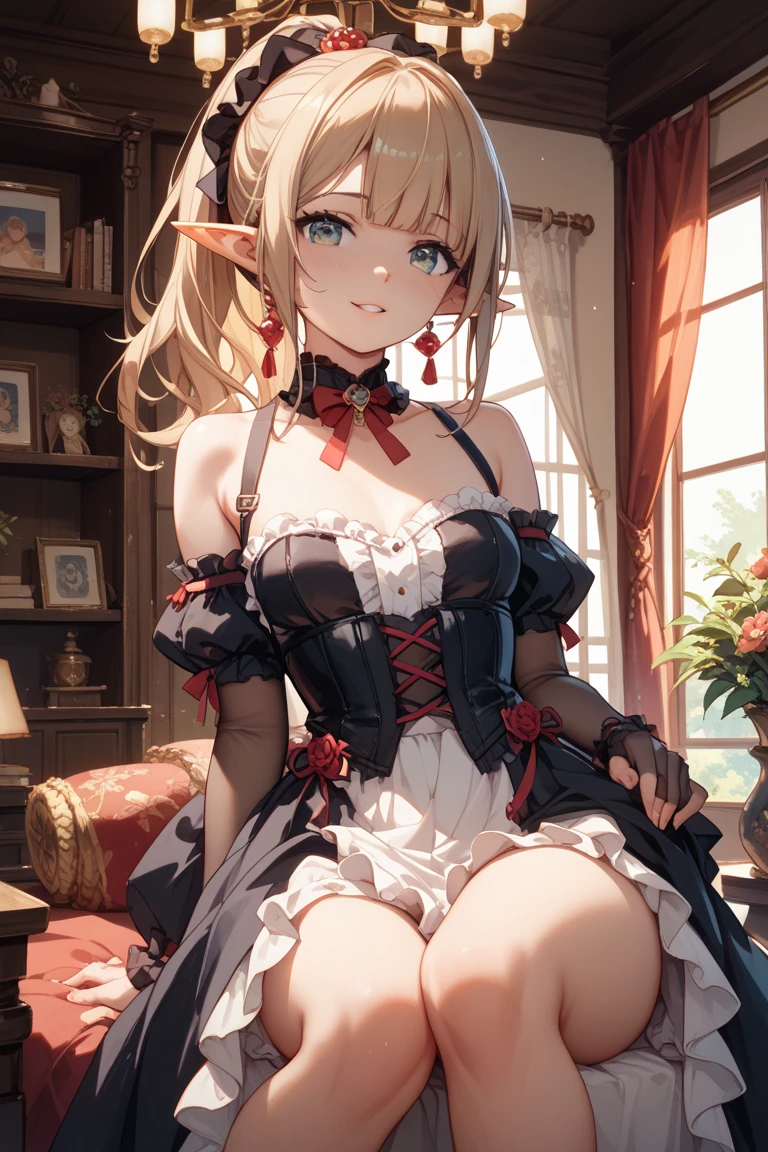 (The highest image quality, master piece:1.2), (Ultra Definition Illustration), (NSFW:1.8), (very cute little queen, 15yo:1.3), (1 girl:1.2), Solo, (shoot from very below:1.3) ,(condescending look:1.3) NSFW, sleeveless, armpits, arms behind head, embarrassed, closed eyes, (sleeveless gorgeous queen red dress with roses:1.3), (lying on bed:1.2), queen crown, showing dirty panties, Full body, Round baby face, (Glasses, Blonde Short-Cut Hair), (white thigh high pantyhose:1.2), (Evil smile, mean face, Mesugaki smile), Luxurious palace rooms, Fancy Room, RPG Royale, (wide spread leg:1.3), (bukkake, cum:1.2),