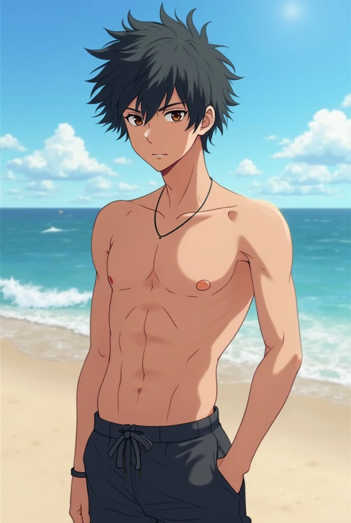 1boy, nipples, pants, beach, little bulge, abs, bobs, white skin, short pants