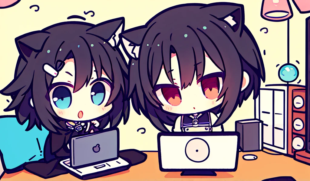 He is lying on the white floor and operating a laptop with a blank look on his face.、She was wearing a plain white long T-shirt and had straight black hair down to her waist.、A girl with cat ears who is black on the outside and white on the inside、One person、An illustration