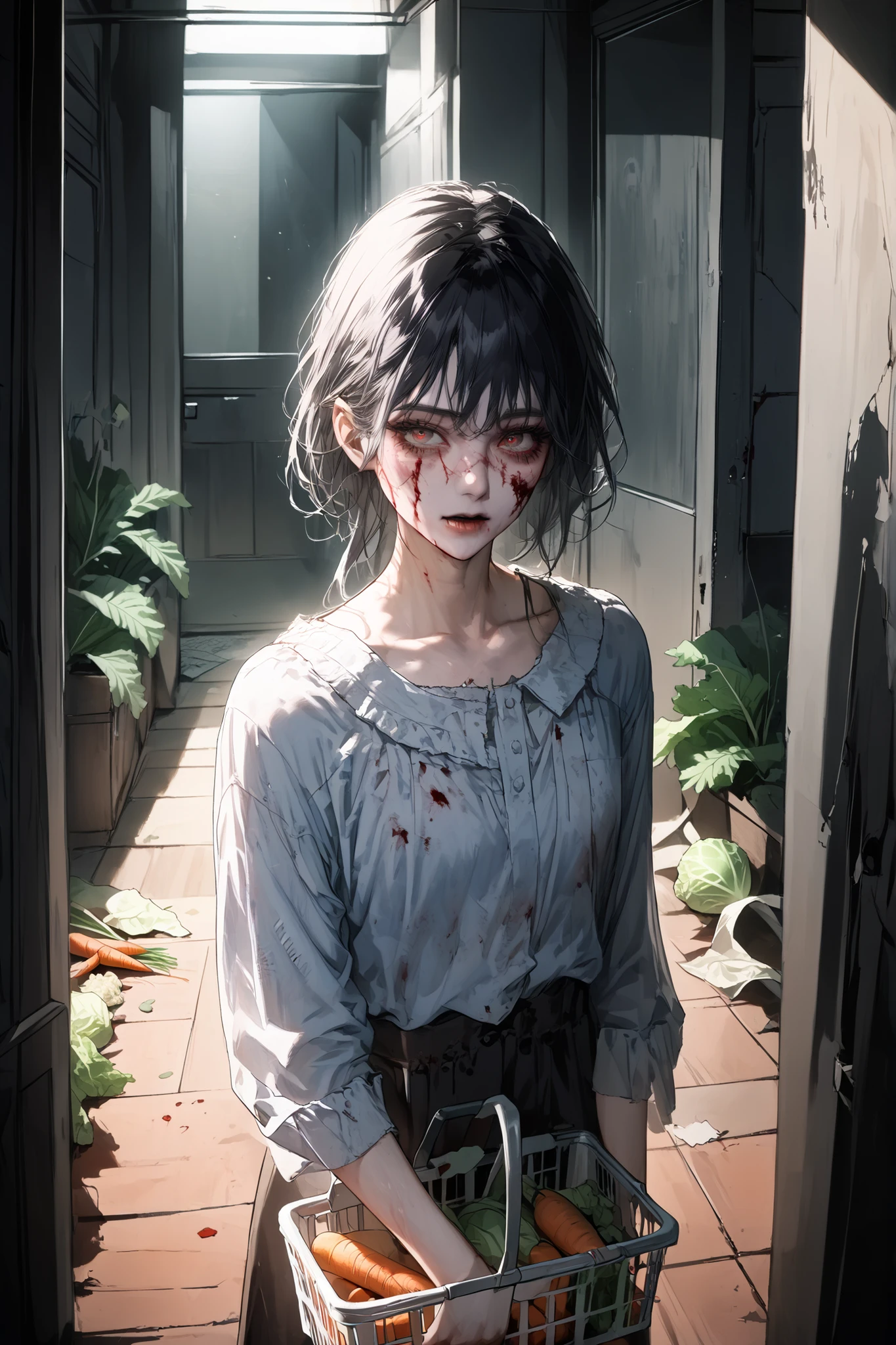 A mysterious female neighbor standing at the apartment entrance, wearing tattered, worn-out clothes. Her face is pale and bluish like a ghost from a horror movie, with messy, unkempt hair and vacant eyes. A subtle, eerie smile stretches across her face, with red drool dripping from the corner of her mouth—unclear whether it’s blood or not. Despite her terrifying ghostly appearance, she carries a shopping basket on her left arm, filled with carrots and cabbage, hinting at a strangely domestic life. The lighting is dim and moody, like a horror film still. --realistic horror style --urban apartment background --high detail --soft shadows --uncanny valley feel --domestic horror contrast