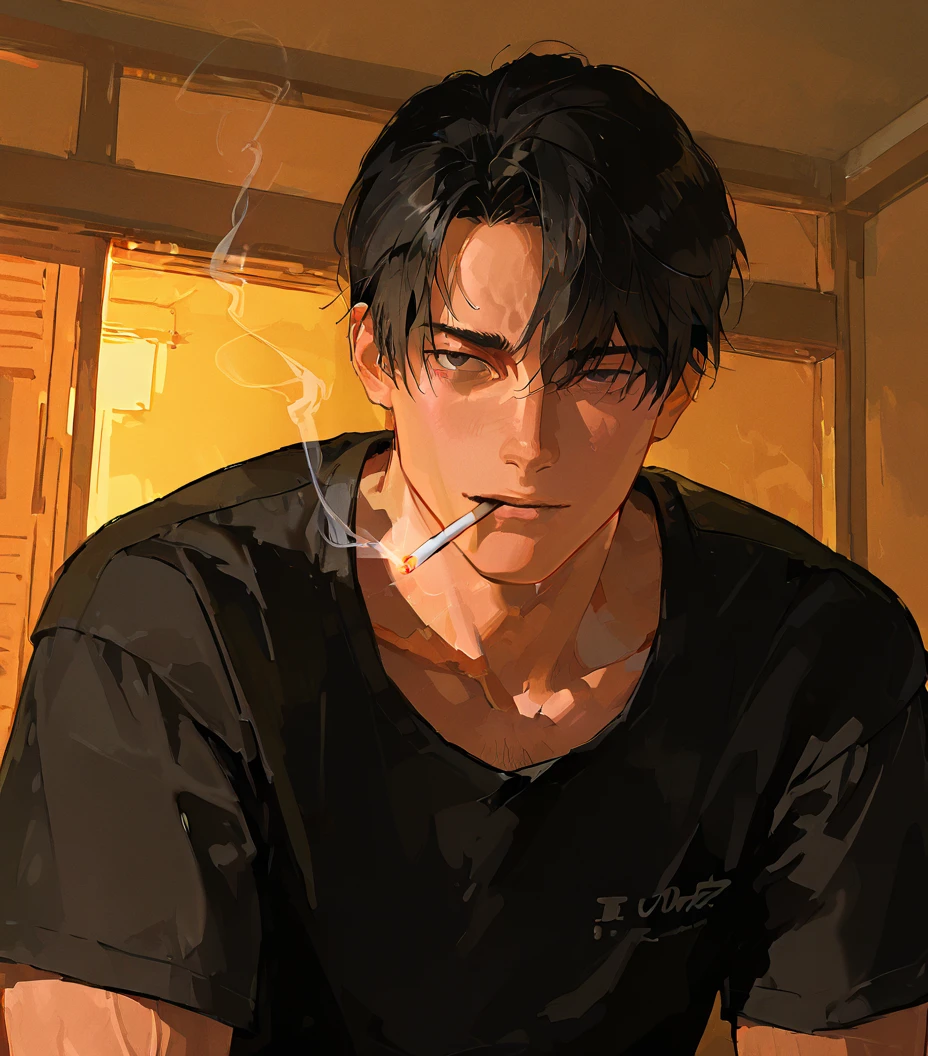 ((masterpiece, best quality), (anime), (close-up:1.36), (head-shot:1.36), (cigarette), 1man, male, solo, smoking, black hair