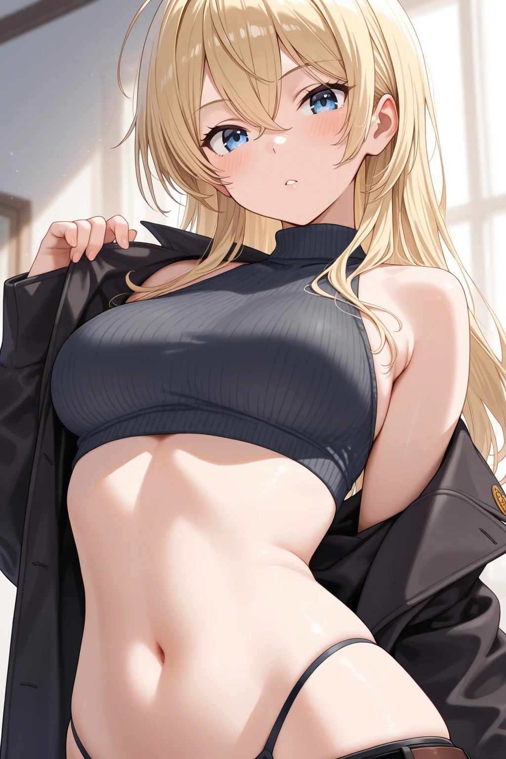 Realistic image, detailed image, 1 girl. She has cat ears. She has greenish blue eyes. She has long blonde hair, wears earrings. She wears a long boiled sweater, off shoulder V-neck. Pleated mini skirt with ruffles. sexy thin thong. sneakers. She has small tits, narrow waist, wide hips and thick thighs. smiling. Full body view. Back arched. walking sensually. White background. Volumetric light. Ambient light