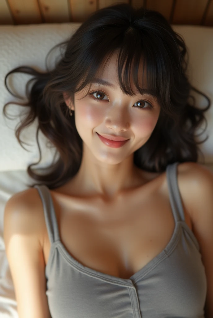 highest quality, masterpiece, ultra high resolution, (realistic:1.4), (close portrait) RAW photo, 1 girl, 22 years ago, ((in a king size bed)),((two girls are lying)),(huddled together),pure white sheets,Shooting from directly above,masterpiece, realistic pictures, japanese pictures, fuji negative film, saturation, contrast, Pocari Sweat Advertisement ((small breasts)),((smile showing teeth)),long hair,brown hair,