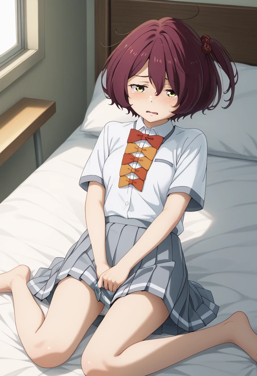 mikoto rose、mikoto rose、Mature and slender body type１people&#39;s japan１８old girl、alone、slightly disheveled hair、whole body from head to feet、Composition from slightly below、sit facing forward、M-shaped spread legs、holding my legs、、High school girl in underwear、white bra、white panties、black pantyhose、(black_pantyhose):1.2)、Show white panties through stockings、I don&#39;t have shoes、Bedroom、in the room、daytime、blush、looking at the viewer、Panty shot、Composition from the front、looking at the viewer、I can see white pants