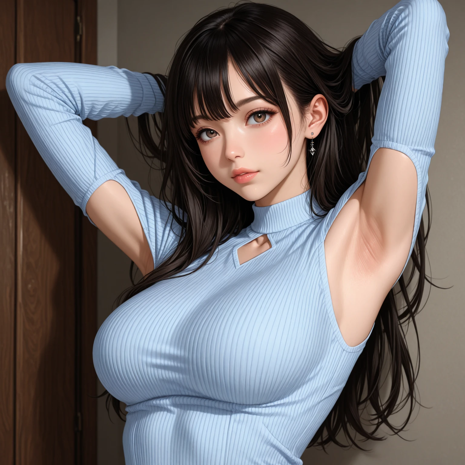 (Detailed and cute face,high qualityな瞳,Brown eyes:1.3),((Huge breasts,Ample breasts,Narrow waist,Thighs)),(Crying expression,Troubled face,blush,Staring at me,Lowered eyebrows,Frightened expression),(Black Hair,Straight Hair,Straight bangs),(Sleeveless collared shirt,Pleated skirt,Knee socks:1.5,),(Lying face up on white sheets,Center of screen),masterpiece,High resolution,high quality,Realistic,