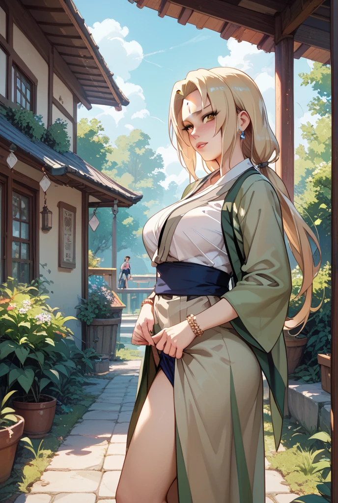 T5un4D3, marks, 1girl in, tsunade, common, sash, Green 、Gray Japan kimono、Red band、Gray miniskirt（Big Tits）,(((The right hand))