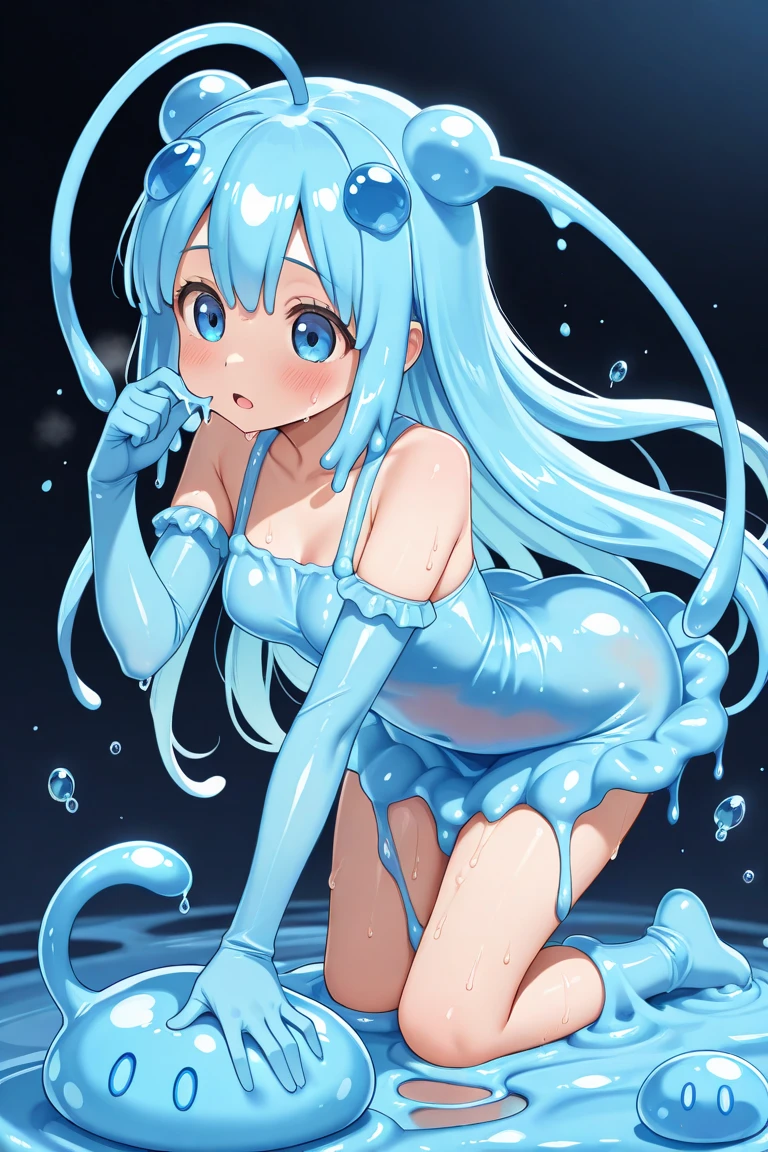 8k, masterpiece, Best quality, girl, naked, blue slime, moist, shiny skin, choker, embarrassed, by Pope