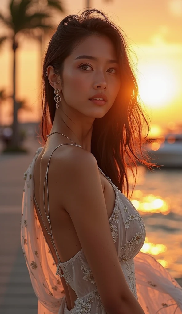 healthy, sexy, charming, tanned skin, gorgeous lady, curly long hair, dark blown hair, shaved hair, outside, in the ocean, on the beach, in the sky, happy, Top quality, sunset, best quality,