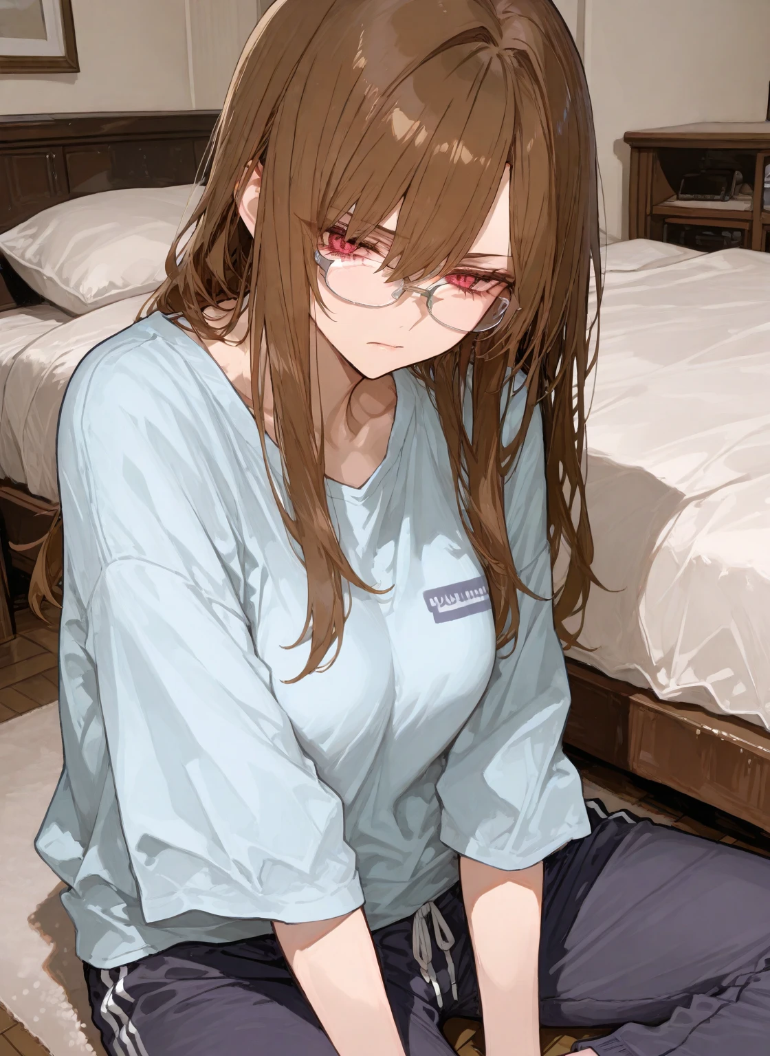 1 girl, medium construction, (((completely alone))), ((round glasses)), long brown hair, blunt bangs, Brown eyes, (((perverted smile: 1.2))), sexy look, modern, (((contemporary))), room background, panties, pajamas, (((very embarrassed))), (Pov), (vibrator:1.3)