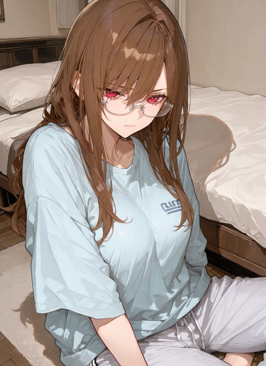 1 girl, medium construction, (((completely alone))), ((round glasses)), long brown hair, blunt bangs, Brown eyes, (((perverted smile: 1.2))), sexy look, modern, (((contemporary))), Room background, (((lying in bed))), panties, pajamas, (((very embarrassed)))
