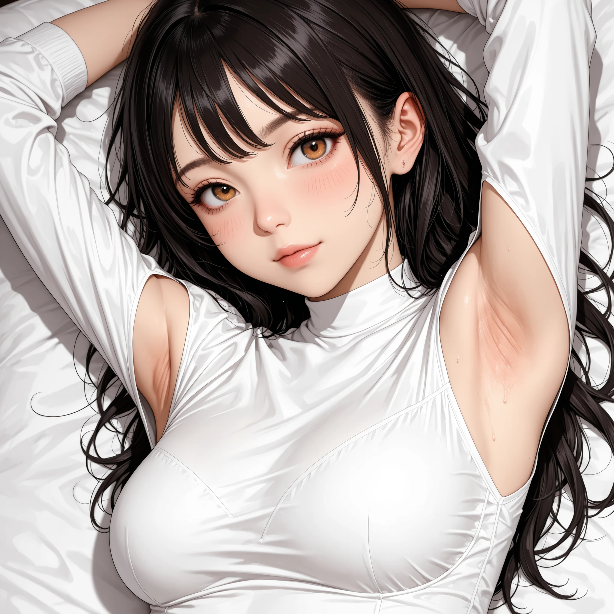 Photography, Masterpiece, Best quality, dark grey background, 8k,(upper body shot),
(1 girl with brown eyes and gorgeous light black hair), Pretty Japanese, 28 years old,
Perfect face, Ultra-detailed face, Detailed eyes,
(cute chest), full soft breasts, white skin, (very soft breasts),
((she pulls up the white turtleneck shirts over the chest:1.5)), skirt,
((solo)),
(lying down on the bed:1.6),
