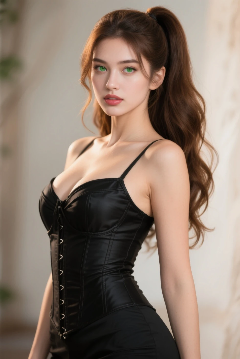 girl in potager garden, BREAK, 1girl, (from above:0.8), high ponytail, very long hair, bangs, strapless lace leotard, detailed face, (looking at viewer:1.4), choker cleavage, cleavage, clavicle, detailed eyes, sparkling eyes, soft light, potted plants, cinematic film still, brown hair, (blouse:0.8), sexy, shallow depth of field, vignette, highly detailed, high budget, bokeh, picturesque, cinemascope, moody, epic, gorgeous, film grain, grainy,