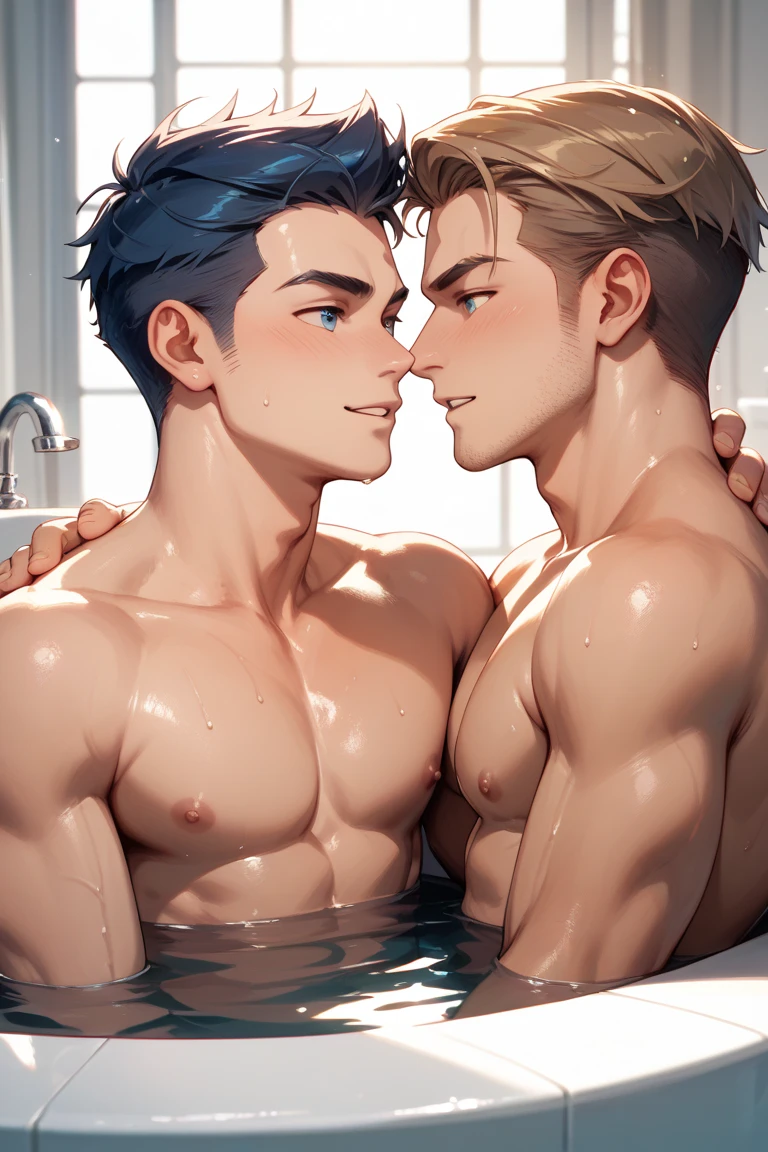 Swimmers kissing, gay, two man, swimsuit, toned abs, athletic figure, out on the shower, public shower, male swimsuit, yaoi, male/male, masculine swimsuit, shirtless, wet