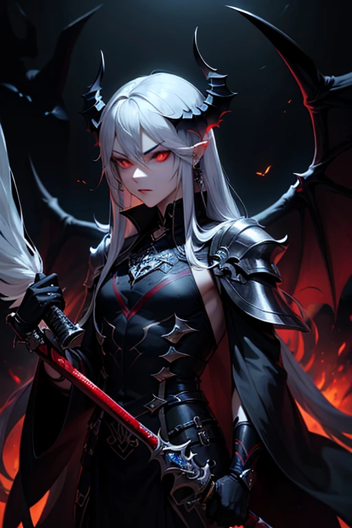 1boy, masculine, demon, spiky messy white long hair, red eyes, blood tears, ear piercings, face piercings, blood, scars, tattoos, bats, mechanical arms, wearing black robot armor, knight, wearing black fur cloak, mechanical wings, mechanical horns, graveyard, night, high res, ultrasharp, 8k, masterpiece, looking at viewer