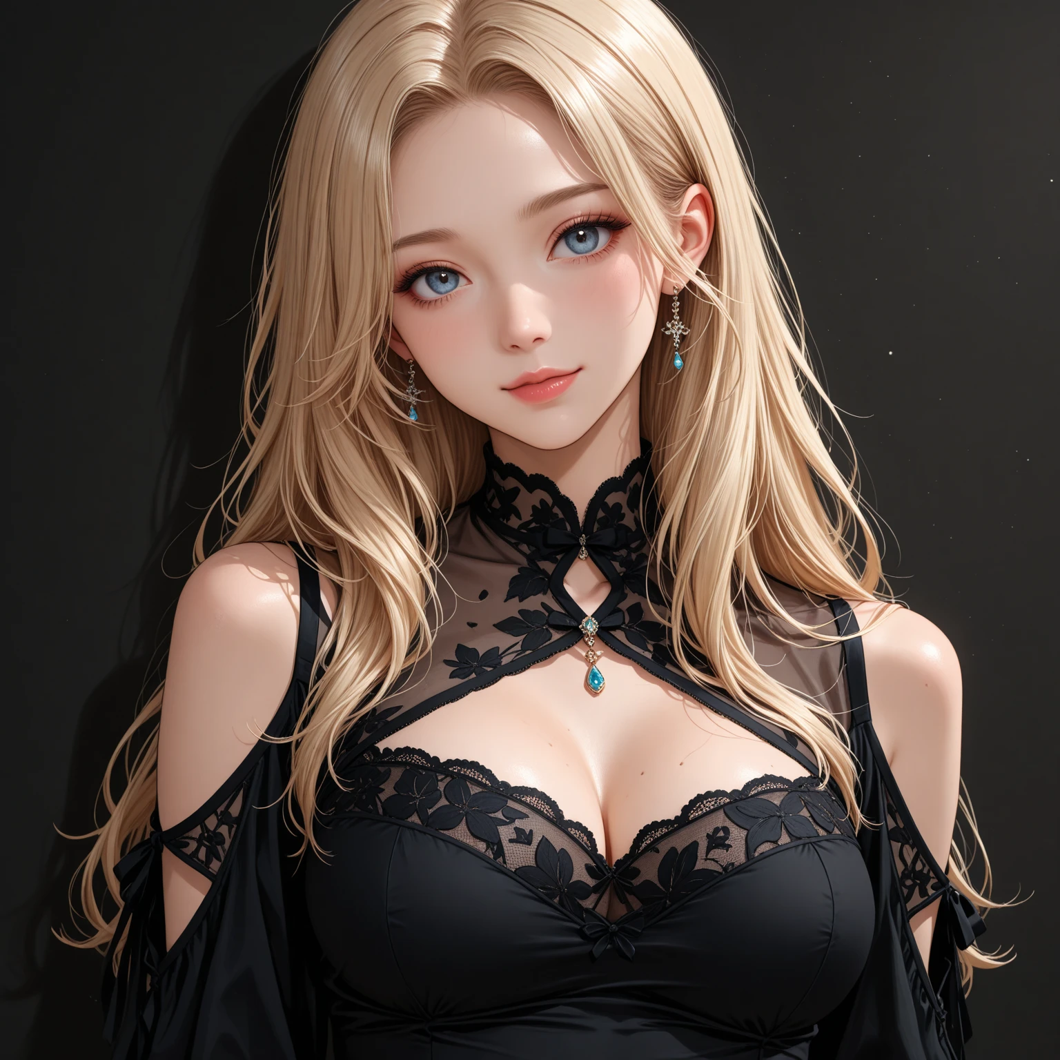 A beautiful young woman, 1girl, hourglass figure, seductive pose, printed design black traditional blouse and long skirt, silky blunt blonde hair, heavy silver jhumka earrings, cleavage, detailed face with stunning eyes, full lips, flawless makeup, dark cinematic lighting, dramatic photorealistic effect, masterpiece-level 8K rendering, ultra-detailed, realistic, photo-realistic, HDR, UHD, studio lighting, ultra-fine painting, sharp focus, physically-based rendering, extreme detail description, professional, vivid colors, bokeh, delicate necklace, wearing high heels,