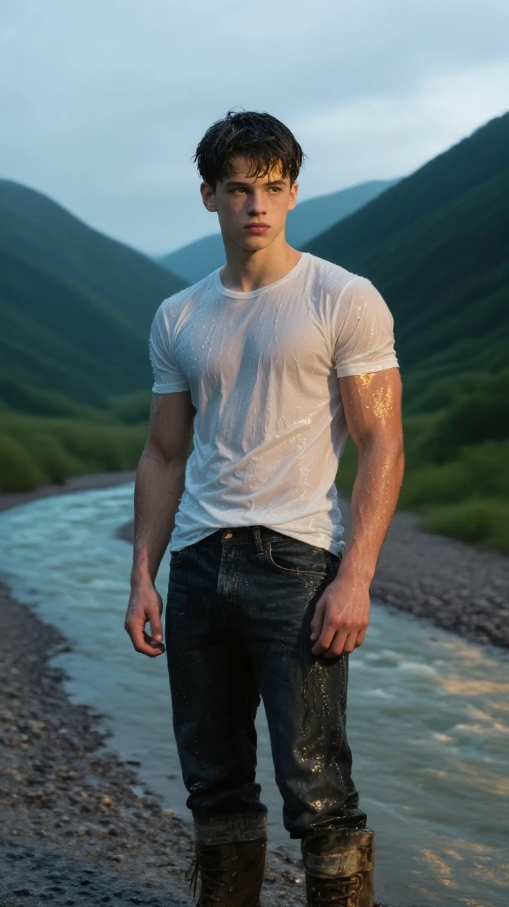 (Best quality: 1.2), (masterpiece: 1.2), young man, 18 years old, white skin, blonde hair, green eyes, tired face, all sweaty,  body, long , thick ,  young man, 18 years old, beautiful white skin, nice blond hair, perfect green eyes, tired face, sweaty body,  body, midday, (lumberjack holding an axe), big , 