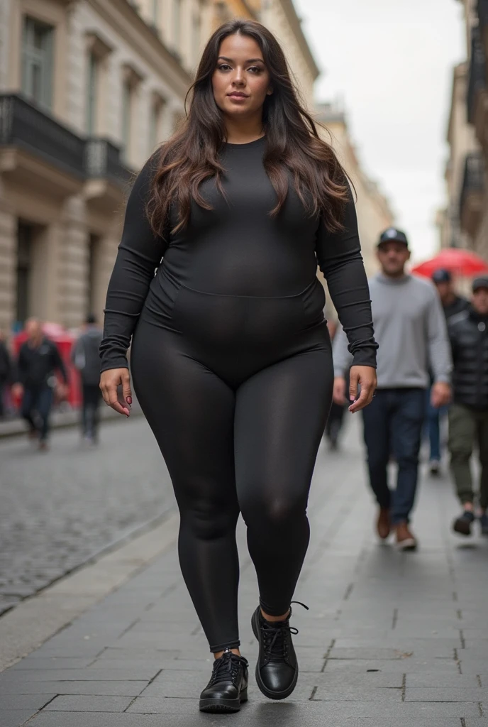 Arabic Woman in street, curvy body, very detail ,wide hips, loong legs ,thick high, full body in camera, wearing strap wedges, cropped knitted sweater,baggy pants, big 