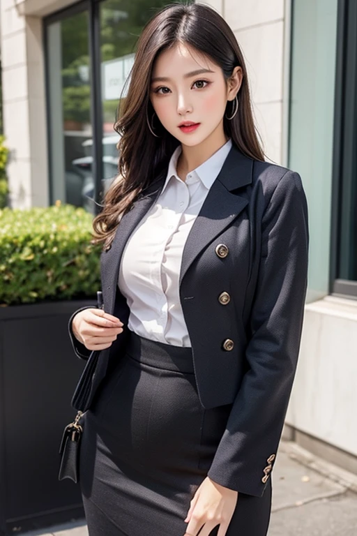 ((Tabletop:1.4, highest quality)), (Realistic photos:1.4), ((1 girl)), Shiny black hair, (超A high resolution:1.2), Very delicate and beautiful, wonderful, Very detailedな CG Unity 8k 壁紙, Very detailed, High resolution, Soft Light, Beautiful detailed girl, Very detailedな目と顔, Beautiful and detailed nose, Fine and beautiful eyes, (Dark blue business suit, skirt 15 centimeters above the knee,,,,,:1.4), Cinema Lighting, Perfect Anatomy, Slender body, thin and slender legs,,,Big Breasts、Was nervous, (Glass Skyscraper:1.3), (Clear winter blue sky:1.4), (A beautiful form with an inorganic feel), Cool look, Cowboy Shot