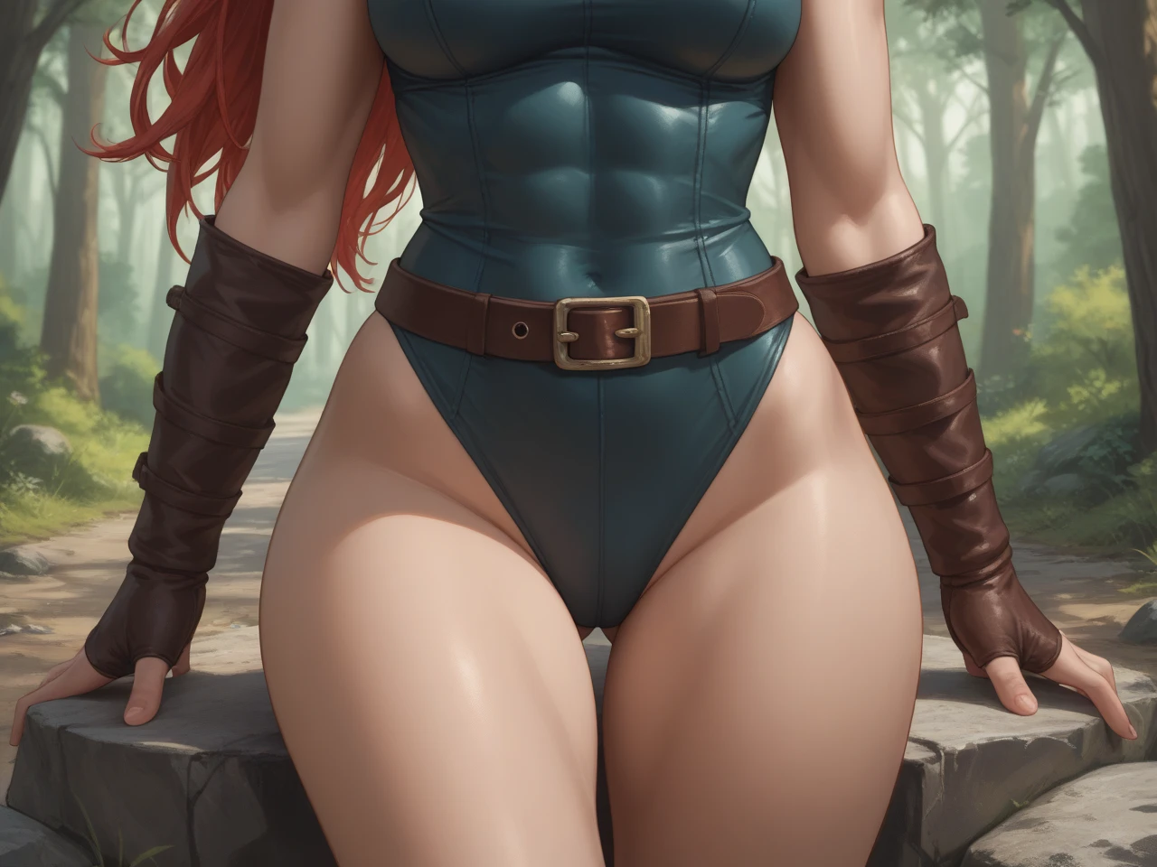 Fortnite character with jet black hair, red highlights all around, long silky straight hair down to the waist, tan skin tone, thin waist, wide hips, average height, thigh high boots, plump thighs,sleepy siren eyes, long eyelashes