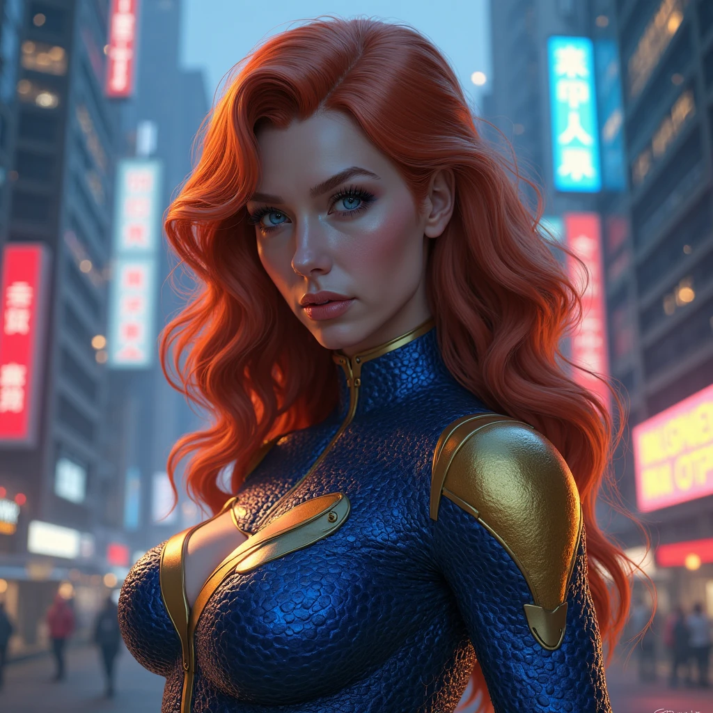 8k, mystique, on a scycraper, nighttime, (cool superhero pose), detailed pupils, white bodysuit, skull belt, masterpiece, best quality, detailed, comics style, (looking at viewer:1.25), 25 years old, blue skin, red hair, yellow eyes,