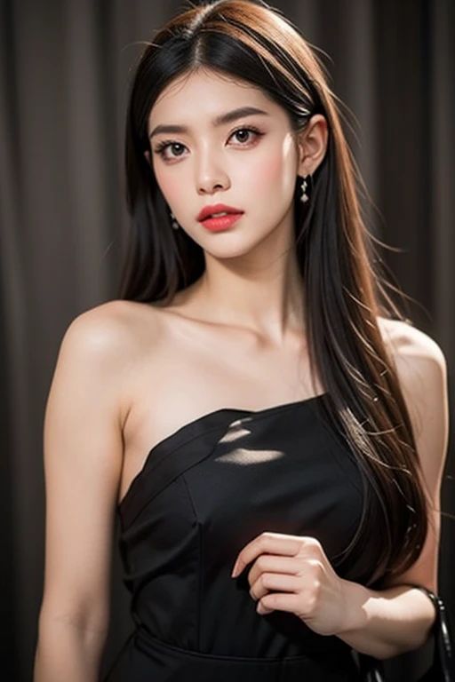 masterpiece, Highest quality, Realistic, Very detailed, Finer details, High resolution, 8k wallpaper, One beautiful woman, Wear an elegant black see-through shirt, In a great restaurant, At night, Light brown messy hair, Perfect dynamic composition, Beautiful and beautiful eyes、Big earrings、Sleeveless shirt、