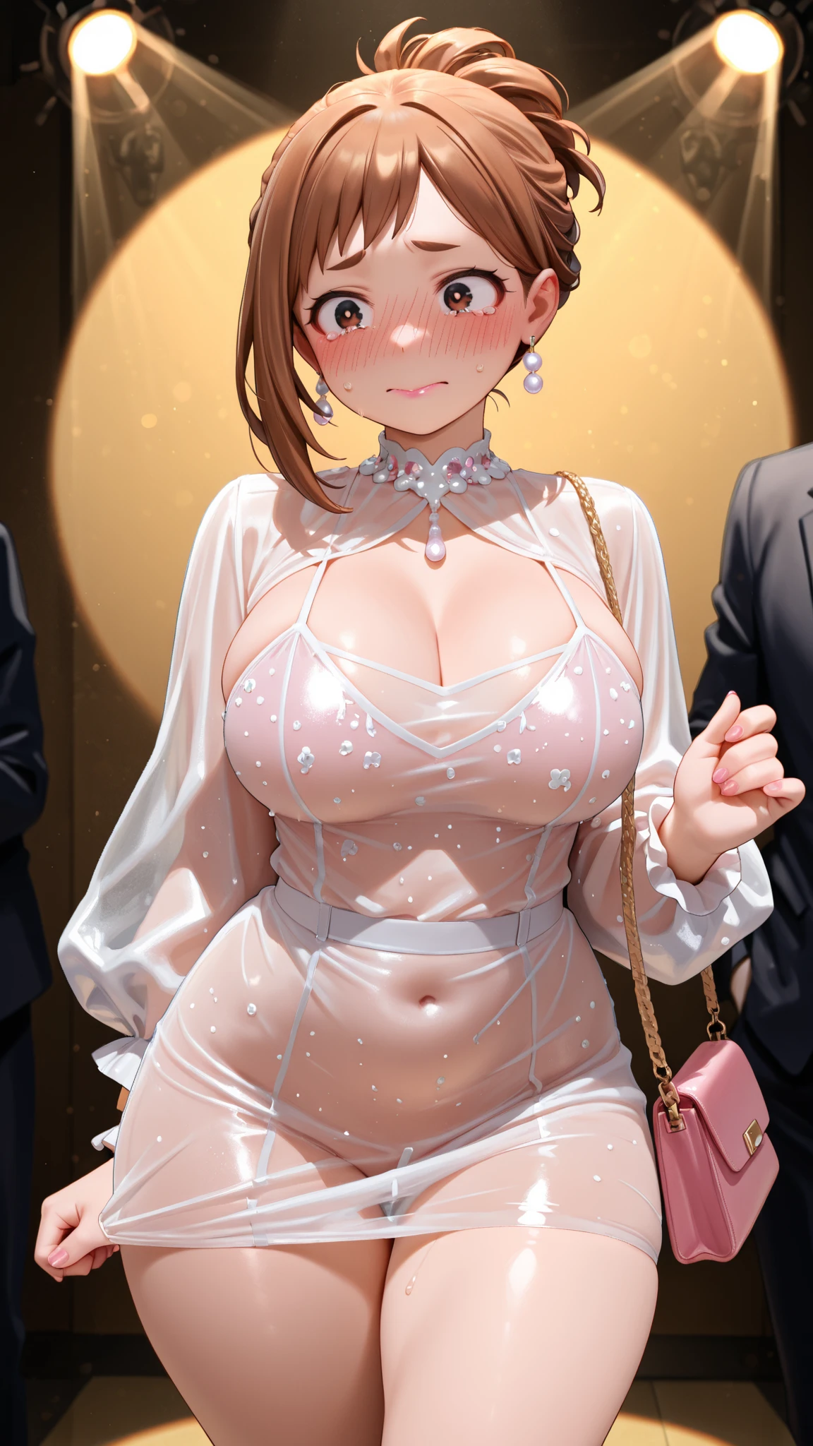 tsukushi_\(doax\),<lora:koreanDollLikeness_v15:0.4>:<lora:tsukushi:0.6>:0.6,(8k, RAW photo, best quality, masterpiece:1.2), (realistic, photo-realistic:1.37), best quality, ultra high res, professional lighting, photon mapping, radiosity, physically-based rendering, cinematic lighting, 1girl, (lace black bar), spread legs,Black pantyhose, black choker, (cameltoe), cute, (Kpop idol), (aegyo sal:1),((puffy eyes)), looking at viewer, posing, full body, big breasts, busty, cityscape, night, (bokeh:1.4), sfw, skirt, pantyhose,high-waist skirt, watch, sleeveless, sweater,sleeveless sweater,turtleneck,wristwatch,office lady, cowboy shot, bare shoulders,black sweater, jewelry, lips, earrings, pencil skirt,turtleneck sweater,brown skirt,((aqua nails)),covering nipples, erect nipples,