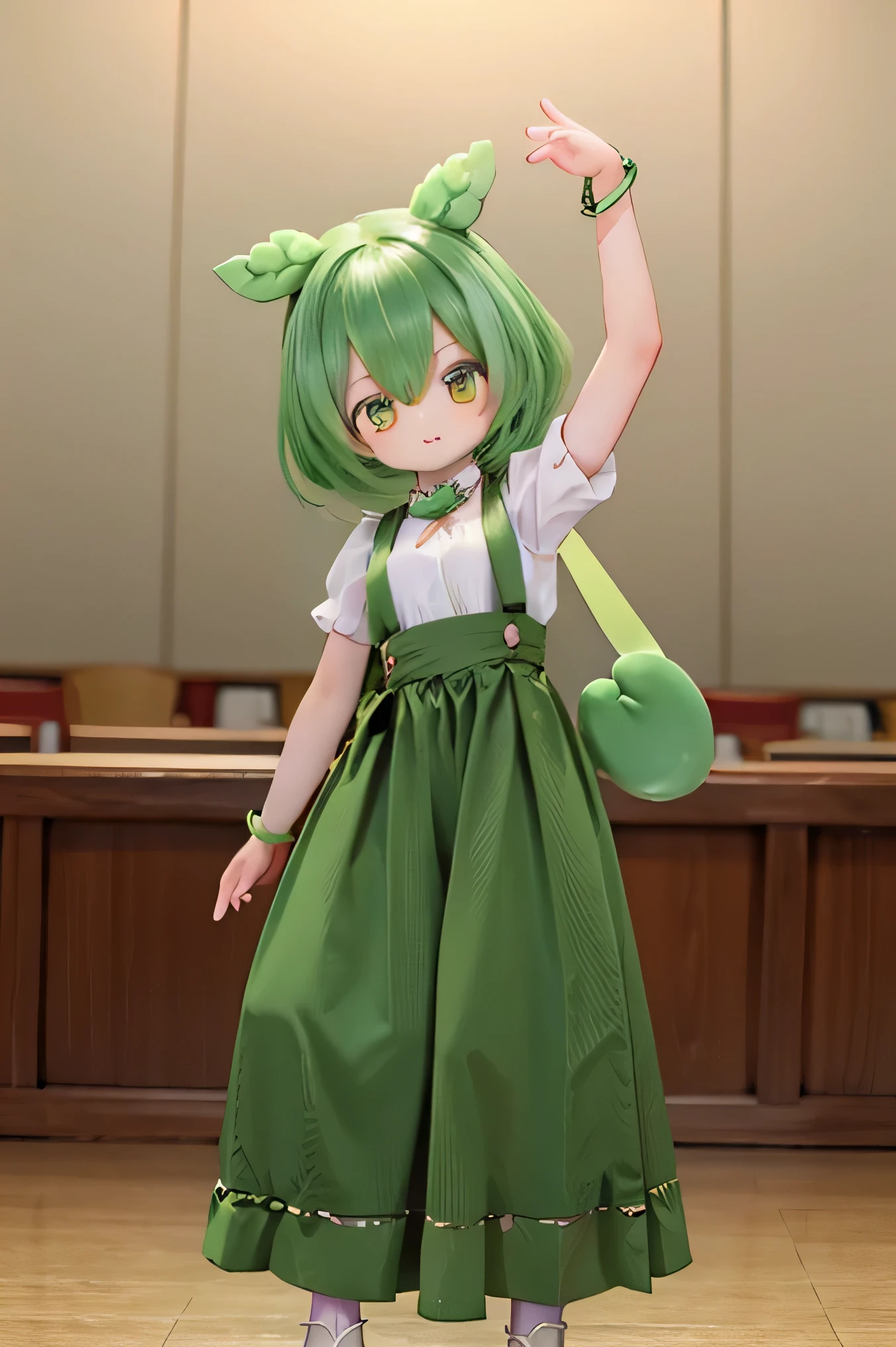 cute green-haired zundamon in playful pose, exquisite character designs , Delicate Details , surreal , Photorealistic , 8k, masterpiece , is high resolution, bright color, 多くのcute人々I can see the light of , Natural Light, 、 warm palette , amazing , Nikon Z7 IIミラーレスカメラで撮影したamazing映像 , cute , cuteデザイン , , Heartwarming、Edamame、 execution ((((( dance))))))(((long hair))) (((((Long Dress))))))long skirt、 very elegant word classroom
