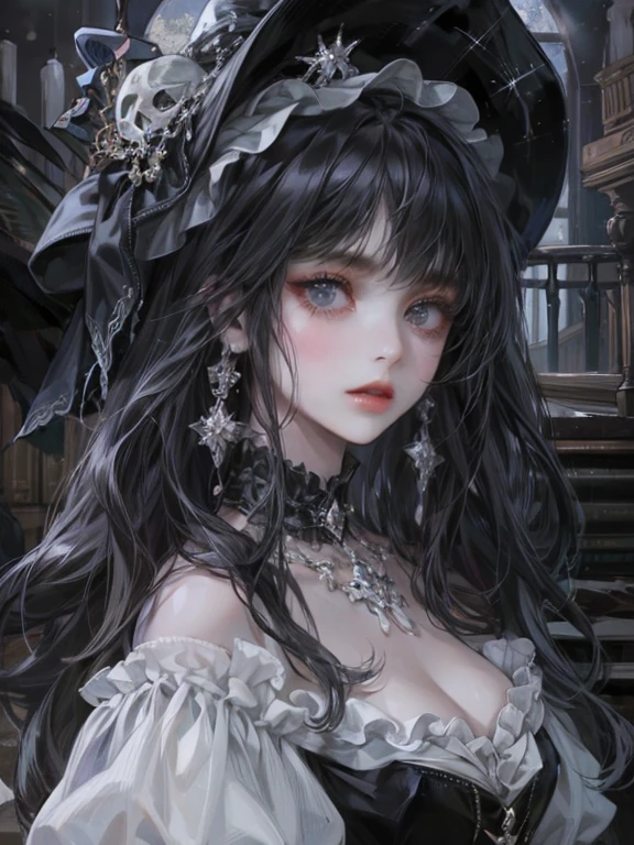 (((Masterpiece, top quality, ultra-detailed))), (((1 Infinity Mage Girl))), 14 years old, (((very detailed face))), small thin nose, small thin-lipped mouth, (((very sharp focused eyes))), very large slit precision pale grey eyes, sparkling like jewels. Very long eyelashes, long black hair in black vertical curls, with fringes, ((Steampunk fashion, Gothic Lolita fashion))
