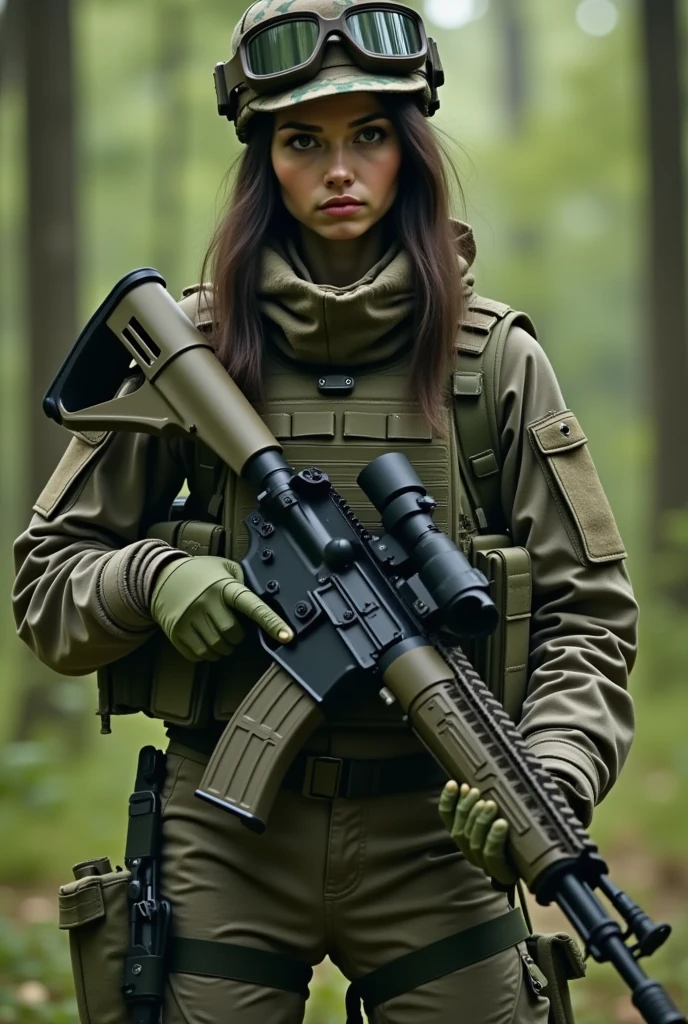 realistic military photo, 1 japanese woman in special forces, running through coniferous forest, engaged in gunfight, wearing full tactical gear, detailed equipment and accessories, bulletproof vest, wristwatch, military pants, realistic skin textures, hyperrealism, 8k, cinematic lighting, high action, giving orders, dynamic pose、goggles