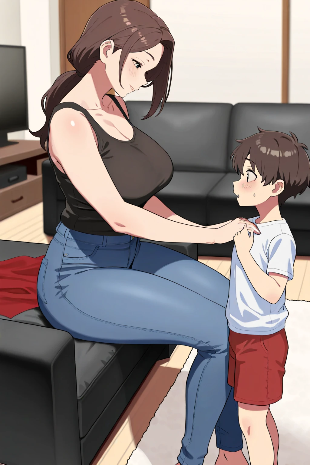 score_6, score_5, score_4, score_9, score_8_up, score_7_up, rating_explicit, size difference, age difference, 1girl, huge breasts, cleavage, short hair, black hair, eyes covered with hair, long woolen black sweater, long stockings, shota, smile, playing videogames, couch, tv, woman grab bulge of shota,