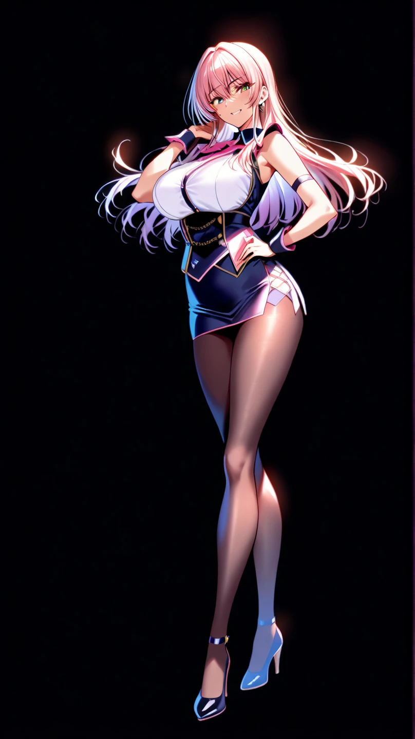 ((masterpiece, high resolution, better quality, better details)), ((Marin Kitagawa)), ((Smiling)), ((one girl)) a girl modeling standing, mini skirt, blouse, ((big neckline)), ((platform high heels)), pink eyes with black outline, (light blonde hair, straight hair, straight bangs, long hair)), long nails, pink nails, (((curvy body))), shiny skin, ((side view)), solo, bare shoulders, full body, focus full body, high heels, ((White background)),
