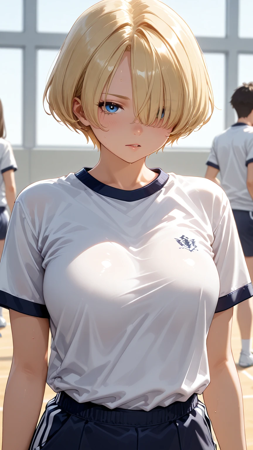 woman,25 years old,blonde,tennis uniform,short hair,blue eyes,Mansuji, ,,I can see my underwear,Full body Esbian, (close shot, highest quality, High resolution, 4k, detailed lighting, shader, NSFW), closed mouth smile ( blush:1.2)()Beautiful ponytail