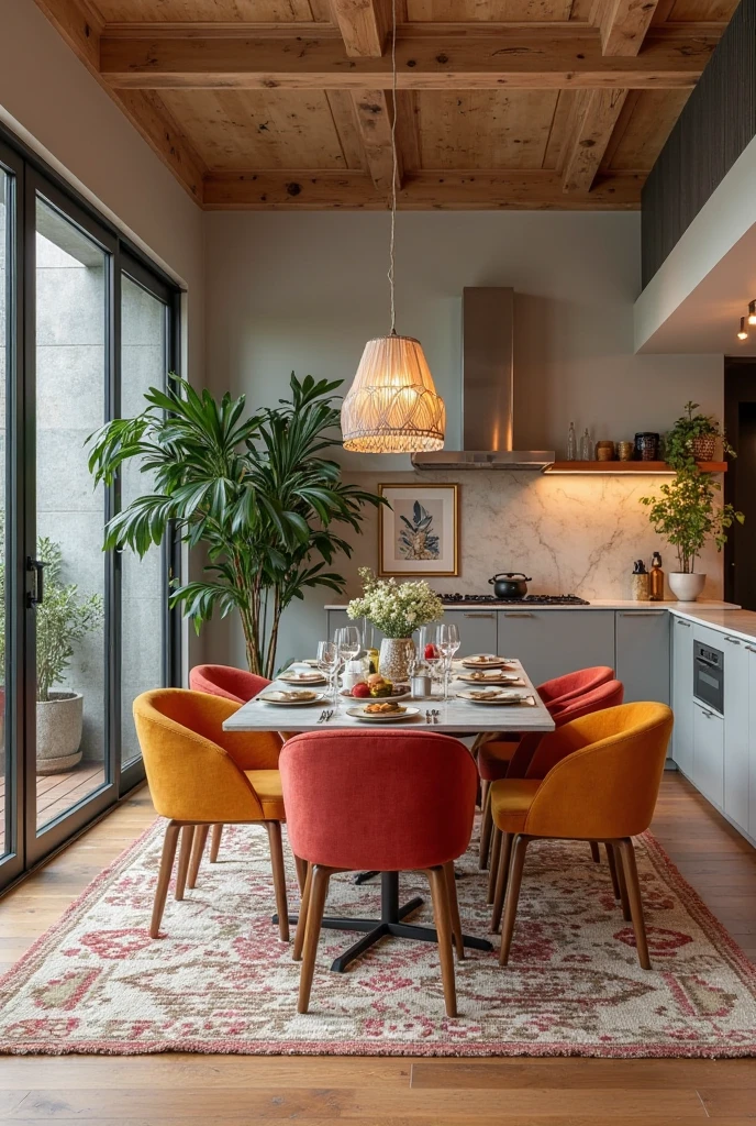 On the left we see a modern dining room containing a round table with wooden and metal chains, a red tablecloth, cutlery and people sitting down to eat sushi. To the right is a modern living room with a leather sofa, a glass and metal coffee table, a black carpet and a large flat-screen TV hanging on the wall. HDR