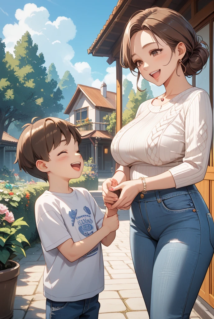 (Tabletop, Digital Art, Digital Illustration, 4K, 8K, Super detailed, Beautiful images, Clear images, Realistic, RAW Photos, Perfect Face, Perfect Lines, Perfect Eyes, Soft lighting) 1 female, (Light brown hair,Chignon Hair,Innocent look,Cute big eyes,Natural Makeup,A kind smile,Round chin,large breasts,Baby-faced woman:1.3),Two handsome men in suits, (human,Man in suit,Muscular,Strong shoulder width,Adult male,Boyish hairstyle,British Gentleman Style,A man in his 30s with a cool expression,A 28-year-old man with a bright smile:1.2),An innocent smile,(orgasm face ,:1.1),Window、Lots of plants、greenhouse、botanical garden、(1 boy, a boy is grabbing girl’s breasts from behind:1.3)