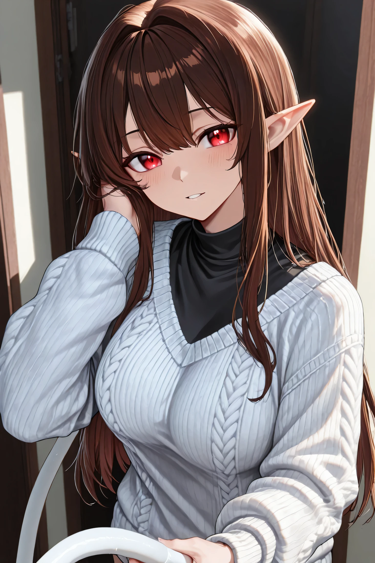 ((masterpiece,best quality)), highly detailed, 1 human_girl, 16 year old, Teardrop_breasts, wearing a Fleece-lined hoodie dress, showcasing her beautiful figure and her dress, Eyes: Deep-set, hazel with green flecks, Nose: Straight and slender, Lips: Full, deep red, Hair: Long, wavy, dark brown, Skin Tone: Fair with a cool undertone, Eyebrows: Medium thickness, gently arched, Cheekbones: High and sculpted, Chin: Pointed, Ears: Medium-sized and slightly visible, Expression: Graceful and introspective
