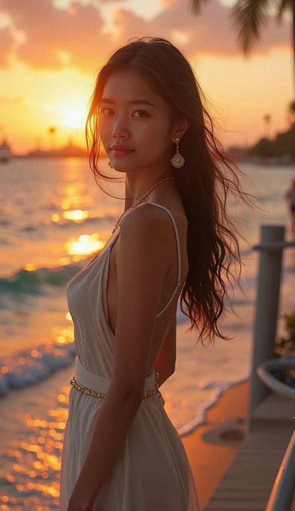 20. year old beautiful girl、Beauty、Japanese、cute、beautiful girl、slim、Highest quality、Realistic、16K、panoramic、((Best Quality, 8k, Masterpiece: 1.3)), 1 girl, full body, slim face, beautiful woman, (Long dark brown hair), full-length dress :1.1, super detailed face,golden dress、 Large Breasts、walking on the beach looking at the sea in the distance,, slim face, sea, Full moon night、Beach at night、Bathed in the moonlight、A look asking for a kiss、Sexy pose、smile