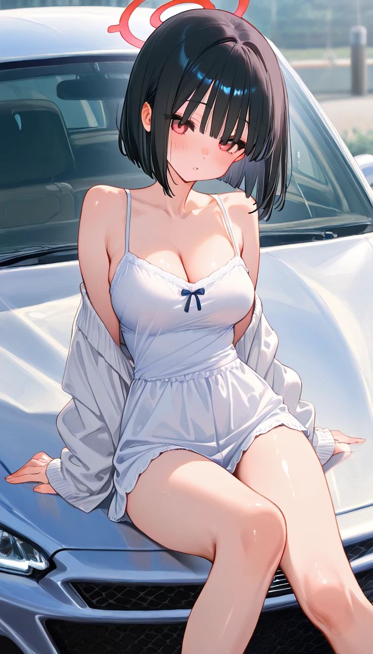 A female tramp is squatting, Wearing a shabby T-shirt, Wearing white underwear, emphasize her cleavage, sweating, And blush.