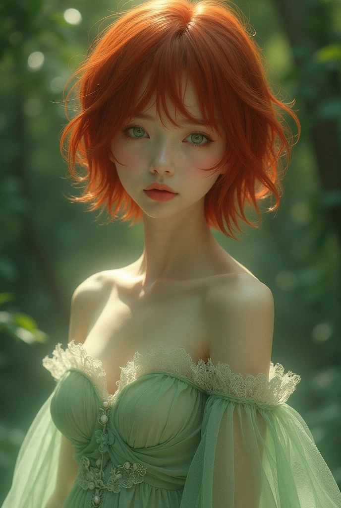 a photo young woman full-body, ginger, pixie haircut, faint smile, snub nose, slight neat body, natural tiny breasts, cardigan, expressive pose, vivid colors, pov, portrait by Oleg Oprisco and Arthur Rackham and Andrew Loomis, Detailed and Intricate, (Film Grain)+++, Dynamic Lighting