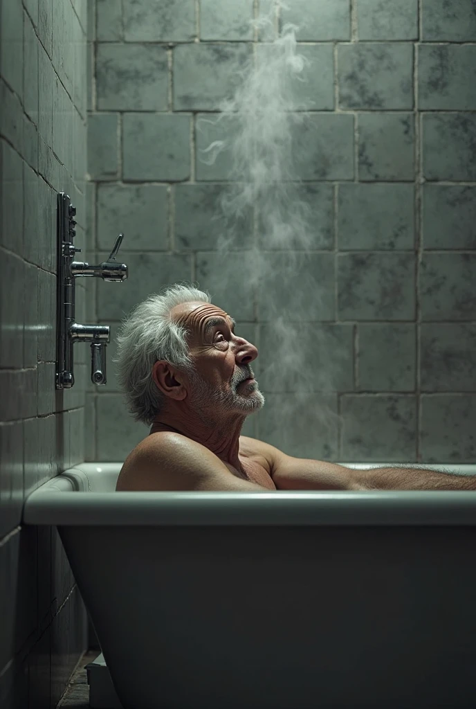 hyperrealistic photo of a 40-year-old Malay man without clothes soaking in a large cauldron boiling at 100 degrees Celsius. You can see a cauldron of boiling water and being burned by fire, boiling smoke coming out of the cauldron, the background of a worn and old tapas wall. The image is very detailed, clear and smooth