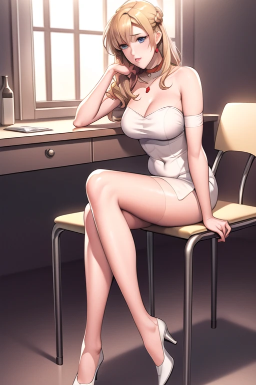 1 girl, alone, nurse, nurse cap, (white micro clothes:1.1), (Lace black panties:1.2),(put panties aside:1.5),((black legwear, zettai ryouiki, small breasts)), ((thin legs,thin waist)),white gloves, blonde, long hair, Moist blue eyes, droopy eyes, smile, Are standing, ((hospital room)), Kitchen knife in hand, Knife blood, stethoscope worn around the neck, sharp outline, short sleeve, highest quality, masterpiece