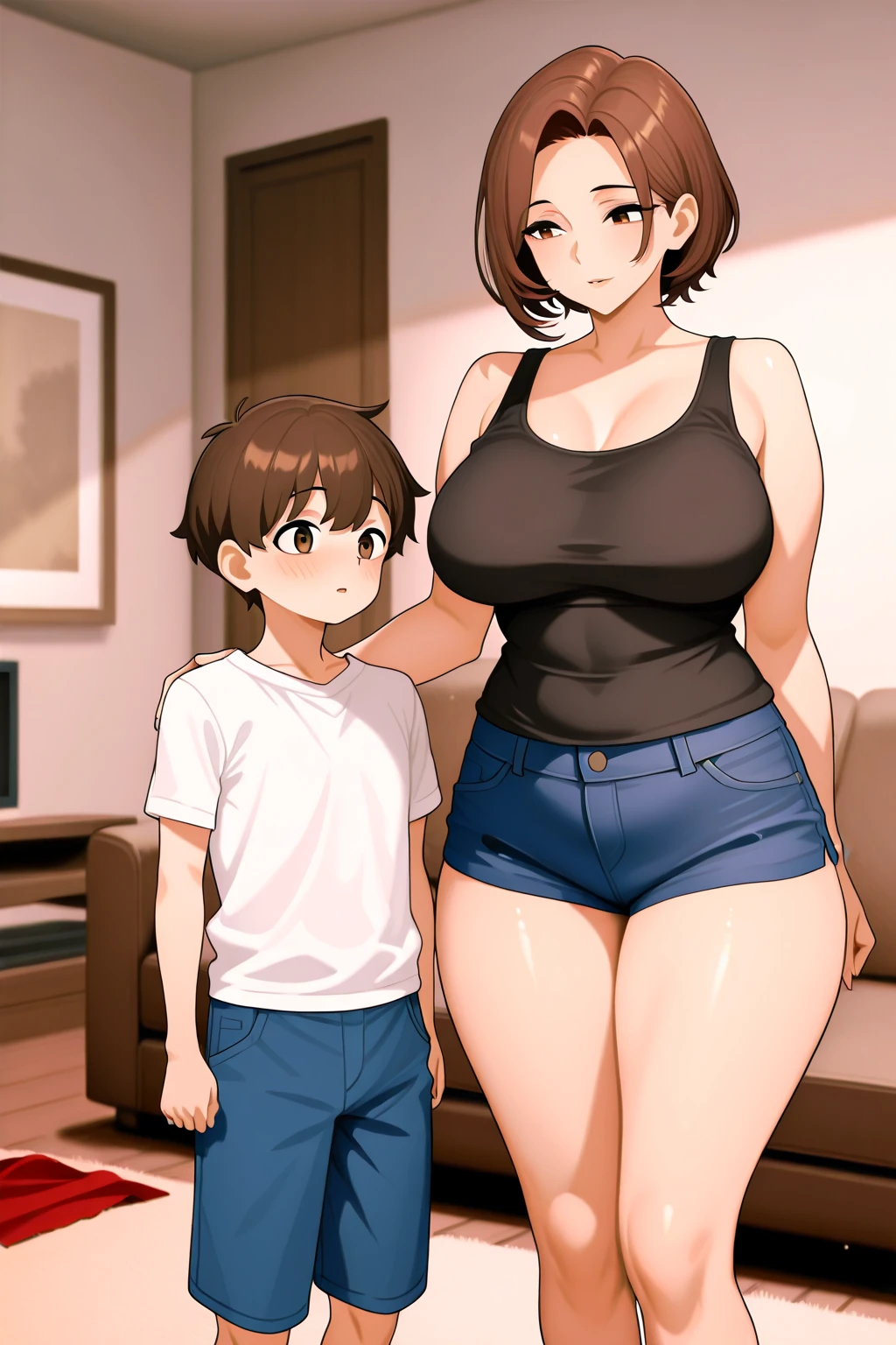 score_7_up, best quality, masterpiece, anime screencap, 1mature_female, medium hair, big breasts, bedroom, squatting, micro bikini, spread legs, from front, blushed_female, 1boy, Shota, big penis, (standing_boy), side by side