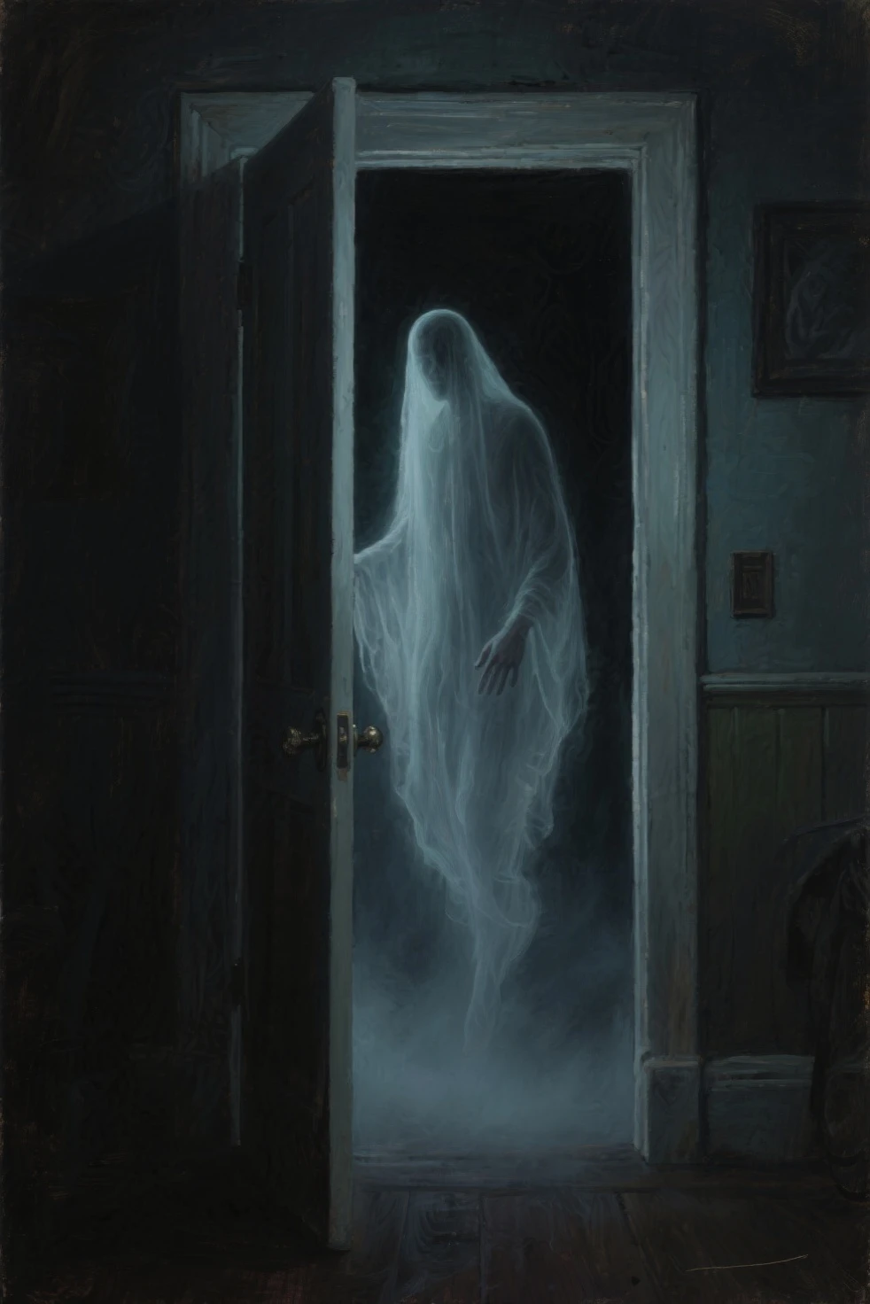 a mysterious, ghostly, translucent neighbor,floating through door,dark,moody atmosphere,occult,paranormal,cinematic lighting,dramatic pose,high contrast,volumetric fog,depth of field,4K,8K,photorealistic,cinematic,surreal,dark fantasy,oil painting