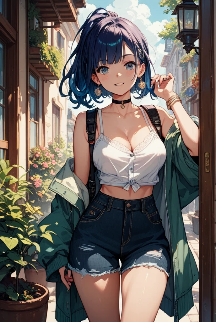 1girl, masterpiece, best quality, extremly detailed, Cinematic lighting, intricate detail, highres, official art, finely detailed beautiful face and eyes, high resolution illustration, 8k, dark intense shadows, overexposure, blue hair, bangs, black shirt, navel, crop top, large breasts, black jeans, overfit shirt, underboobs, (smug), blue sky, clouds