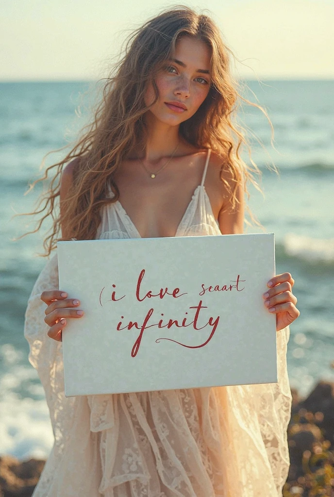 Beautiful girl with wavy long hair, bohemian dress, holding a white board with text "I Love Seaart Infinity" and showing it to the viewer