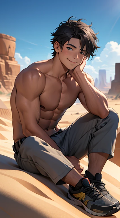 15 and 14 and 13 year old boy back in Egypt boy male without clothes, in boxers in transparent white underwear of brown leather , flat stomach short straight hair, full body looking at a city straight black hair cute smile, They are in a palace oasis face with fine features, with typical ancient Egyptian jewelry