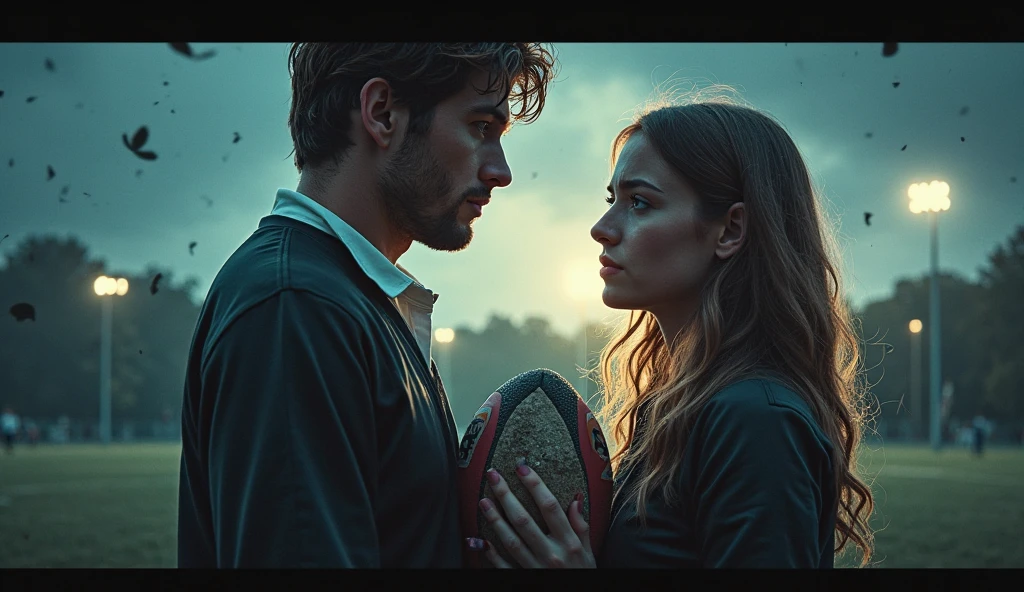 a passed out bearded man, a fainted bearded man, a consciousless bearded man, a woman and a bearded man, Andrea carries the wounded man's body in her hands, Andrea grabs his legs and his body with her hands, the bearded man in Andrea's arms is visibly in pain, stadium atmosphere, the bearded man is lying consciousless in Andrea's arms with one arm hanging down, A scene at a soccer stadium, a bearded man lying in a caring women's arms, lying helpless in her arms with his head dangling down, he has one arm dangling down while being carried in the women's arms, There is an attractive and heavily made-up woman in a long black leather coat, A pretty woman in a shiny black leather coat on a soccer field, A wonderful woman is holding a passed out man, A man in matt and roughened sportswear is held diagonal in her arms, a man in a woman's arms and lets one arm dangling down, we see the man held in front of the woman's body, the man is cradled in the woman's arm while being carried, the beautiful woman is exceptionally heavily made up and has an extremely desperate and very angry expression on her face, high-resolution photo, realistic sports photo, soccer scene, woman in black shiny long leather coat, injury scene, real photo, ultra realistic, high definition, sports photography