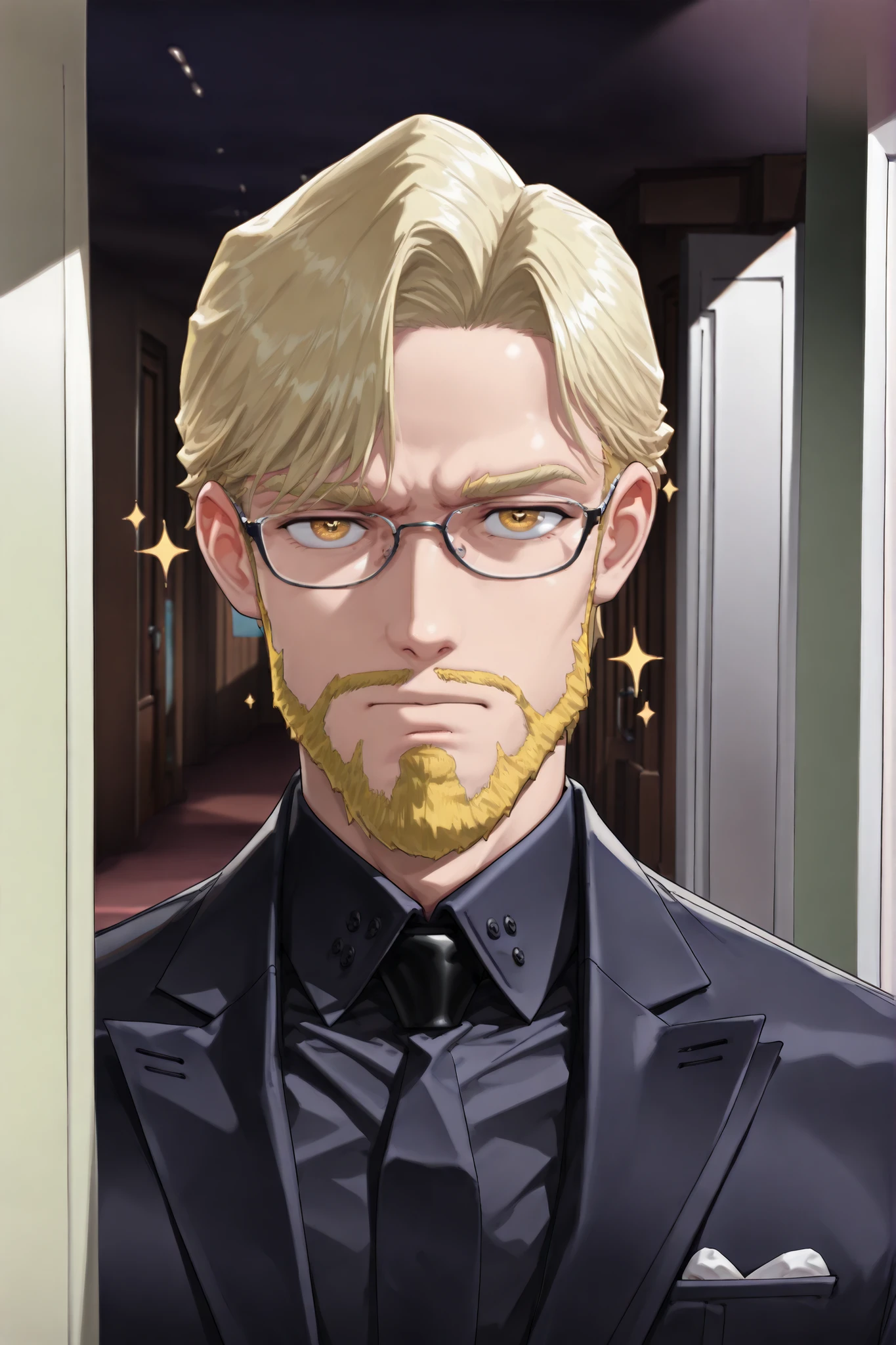 Background:Mansion Hallway,, male,solo,Suit,glasses,dandy,beard,Coming out of the room,is cool,gorgeous, ,sparkle, beautiful ,Dramatic,Anime Chic, safe content(masterpiece, 最High Quality, High Quality, 詳細なBackground, complicated details,complicated,ultra high resolution, Very beautiful ,Newest:1.2)